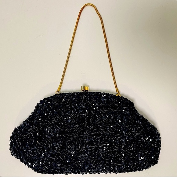 Handbags - Vintage Black Hand Beaded Bag Made in Hong Kong
